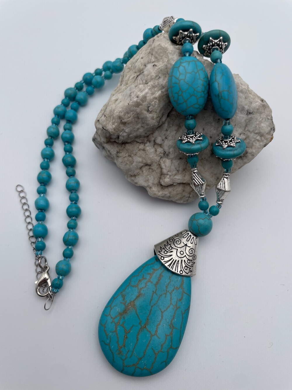 Turquoise Water Drop Beaded Necklace Silver Accents